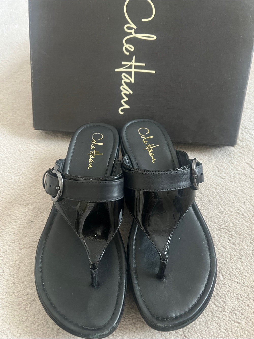 Cole Haan Black Patent Buckle Thong Sandals